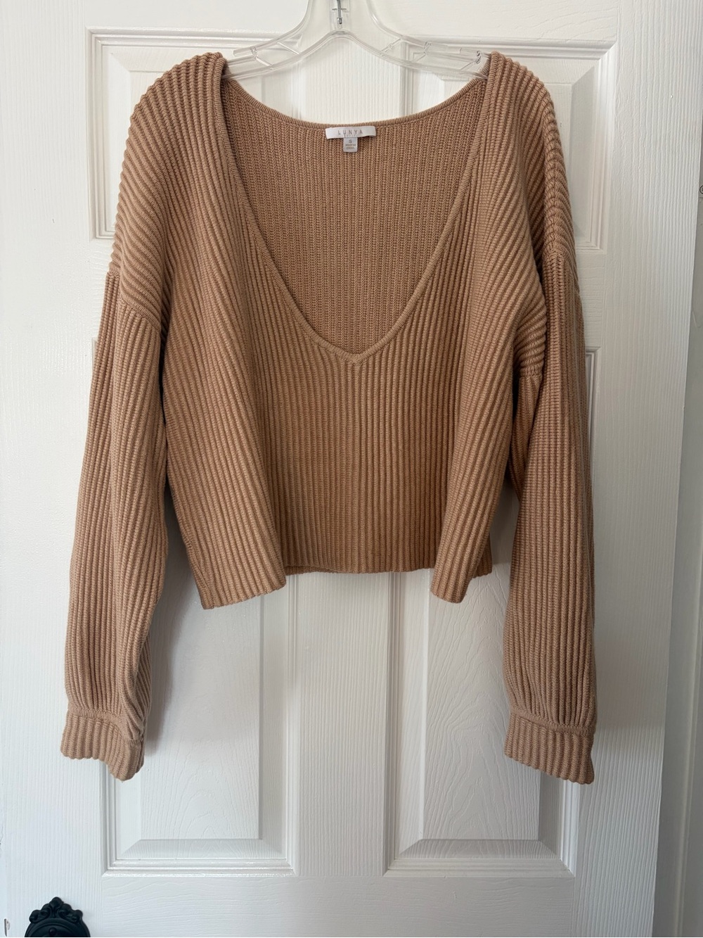 lunya Ribbed V-Neck Crop Sweater - Camel